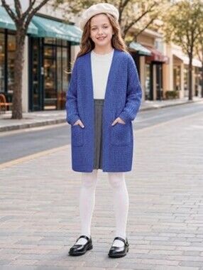 Girls Cardigan Sweater Kids Open Front Sweaters Outerwear Blue